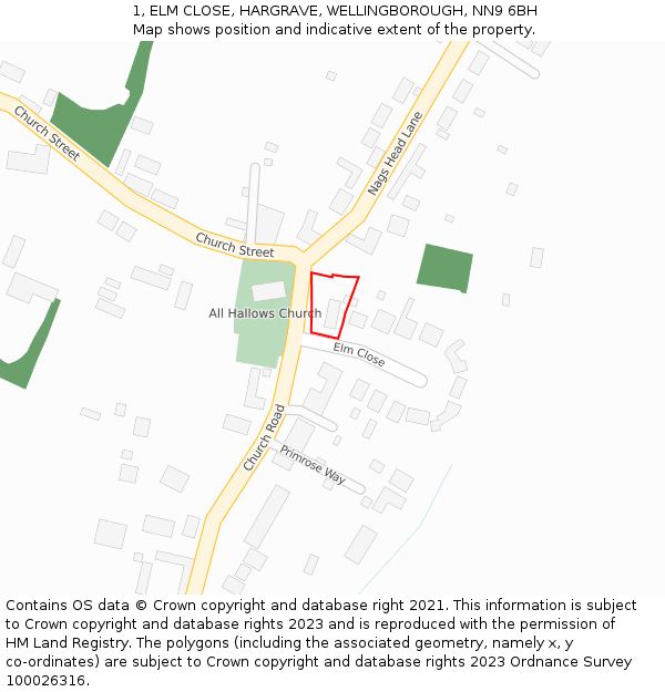 1, ELM CLOSE, HARGRAVE, WELLINGBOROUGH, NN9 6BH: Location map and indicative extent of plot