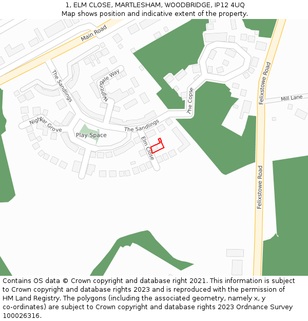1, ELM CLOSE, MARTLESHAM, WOODBRIDGE, IP12 4UQ: Location map and indicative extent of plot