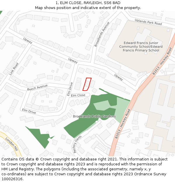 1, ELM CLOSE, RAYLEIGH, SS6 8AD: Location map and indicative extent of plot