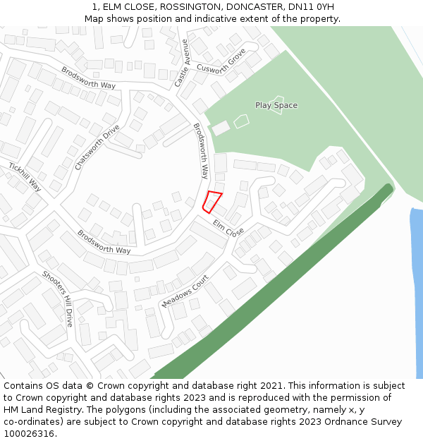 1, ELM CLOSE, ROSSINGTON, DONCASTER, DN11 0YH: Location map and indicative extent of plot