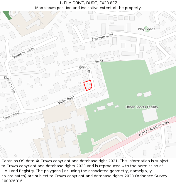 1, ELM DRIVE, BUDE, EX23 8EZ: Location map and indicative extent of plot