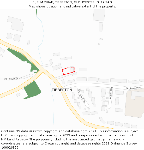 1, ELM DRIVE, TIBBERTON, GLOUCESTER, GL19 3AG: Location map and indicative extent of plot