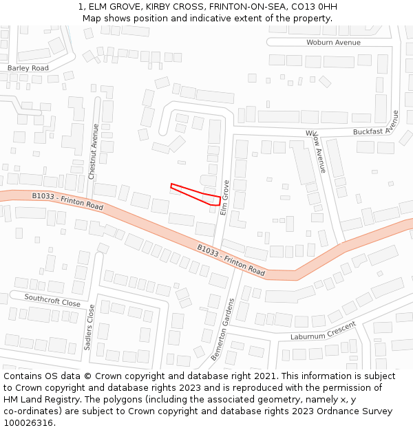 1, ELM GROVE, KIRBY CROSS, FRINTON-ON-SEA, CO13 0HH: Location map and indicative extent of plot