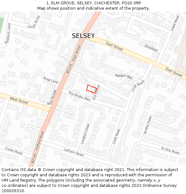 1, ELM GROVE, SELSEY, CHICHESTER, PO20 0RP: Location map and indicative extent of plot