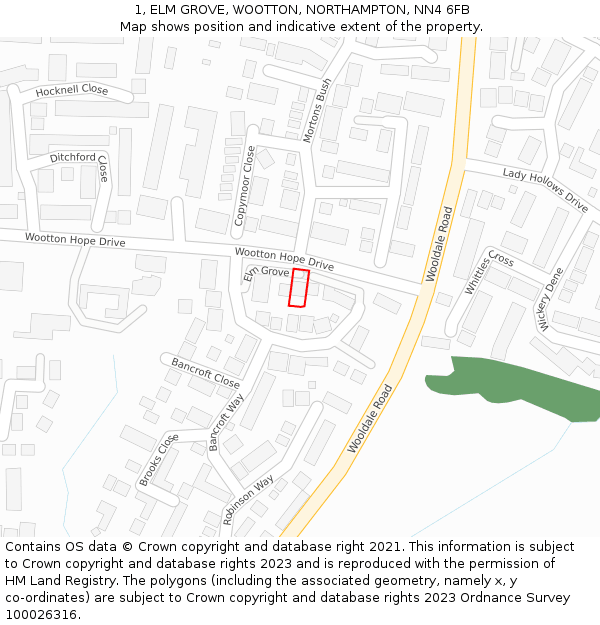 1, ELM GROVE, WOOTTON, NORTHAMPTON, NN4 6FB: Location map and indicative extent of plot