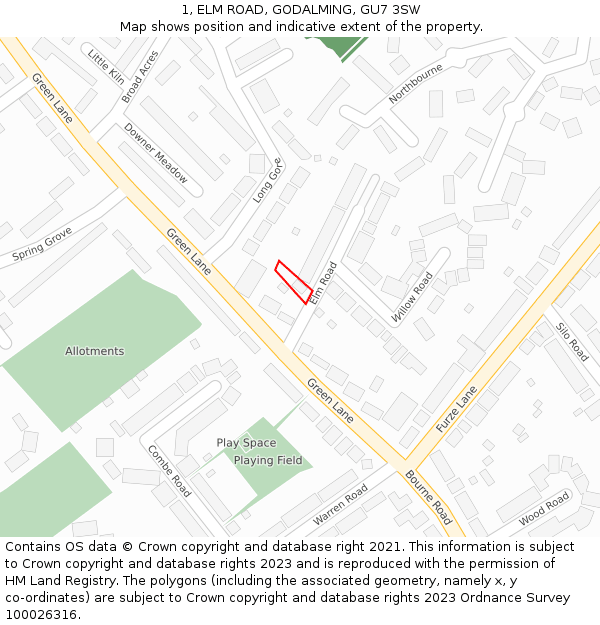 1, ELM ROAD, GODALMING, GU7 3SW: Location map and indicative extent of plot