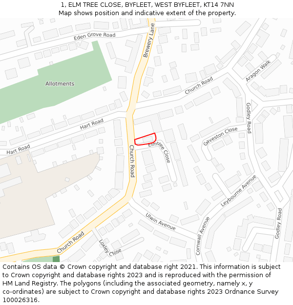 1, ELM TREE CLOSE, BYFLEET, WEST BYFLEET, KT14 7NN: Location map and indicative extent of plot