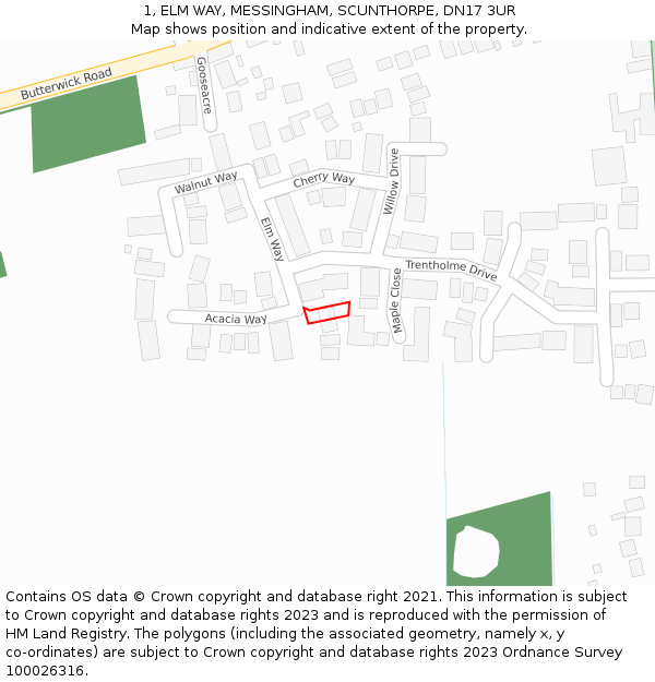 1, ELM WAY, MESSINGHAM, SCUNTHORPE, DN17 3UR: Location map and indicative extent of plot