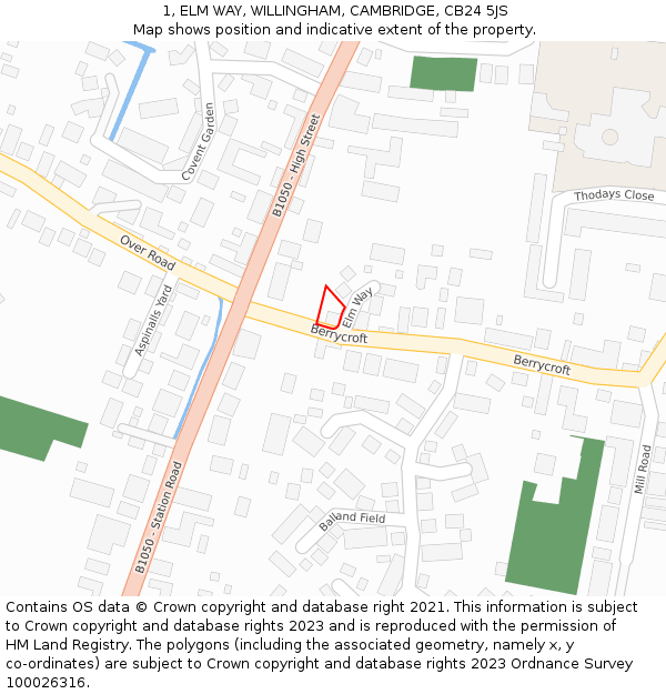 1, ELM WAY, WILLINGHAM, CAMBRIDGE, CB24 5JS: Location map and indicative extent of plot