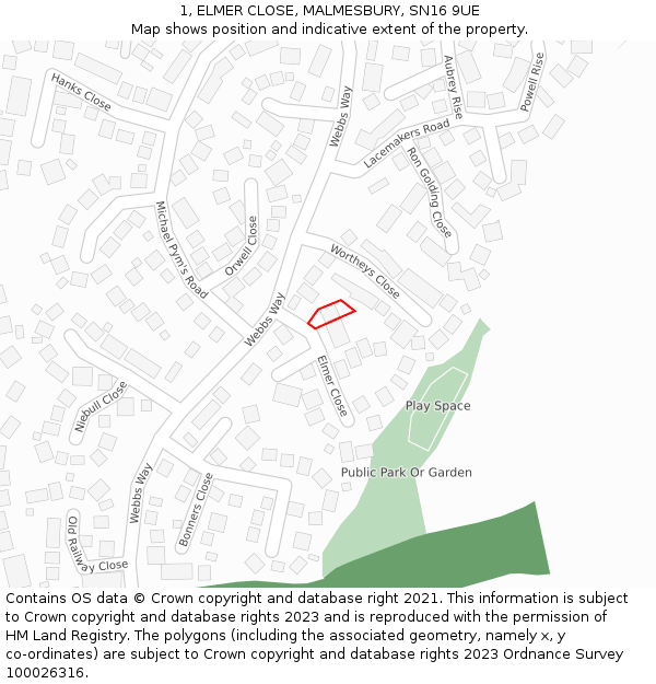 1, ELMER CLOSE, MALMESBURY, SN16 9UE: Location map and indicative extent of plot