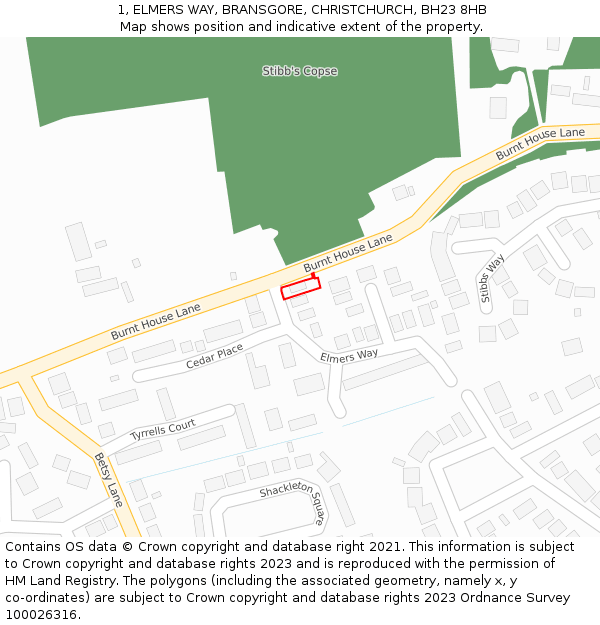 1, ELMERS WAY, BRANSGORE, CHRISTCHURCH, BH23 8HB: Location map and indicative extent of plot