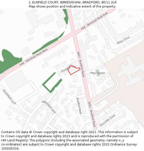 1, ELMFIELD COURT, BIRKENSHAW, BRADFORD, BD11 2LR: Location map and indicative extent of plot