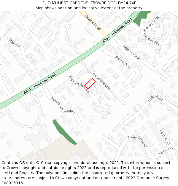 1, ELMHURST GARDENS, TROWBRIDGE, BA14 7XF: Location map and indicative extent of plot