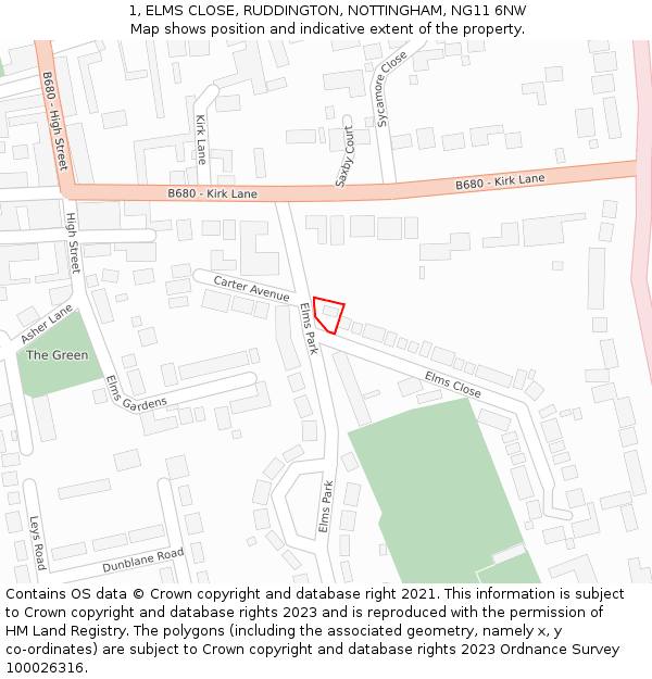 1, ELMS CLOSE, RUDDINGTON, NOTTINGHAM, NG11 6NW: Location map and indicative extent of plot