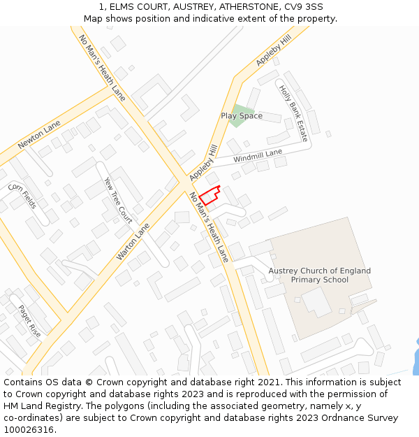 1, ELMS COURT, AUSTREY, ATHERSTONE, CV9 3SS: Location map and indicative extent of plot