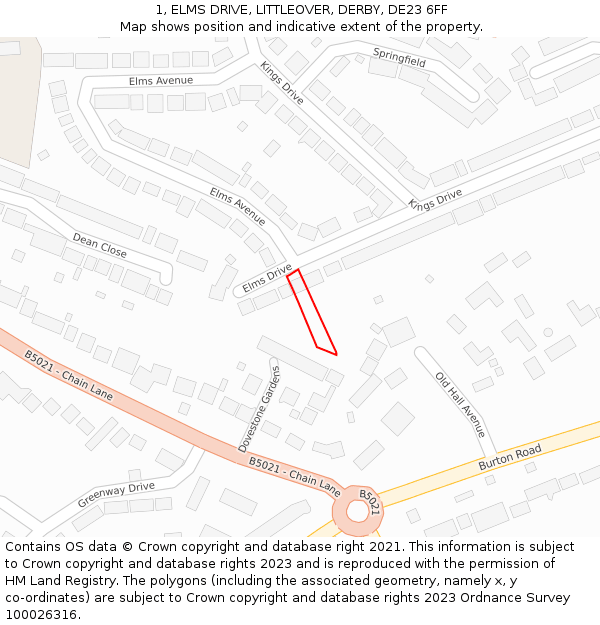 1, ELMS DRIVE, LITTLEOVER, DERBY, DE23 6FF: Location map and indicative extent of plot