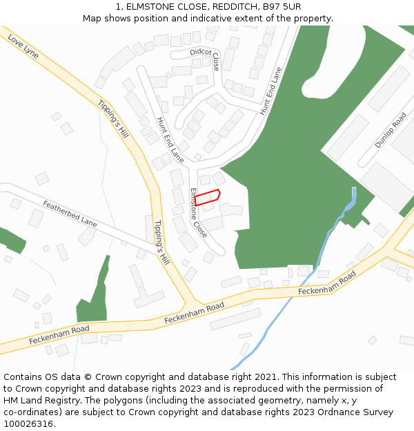 1, ELMSTONE CLOSE, REDDITCH, B97 5UR: Location map and indicative extent of plot