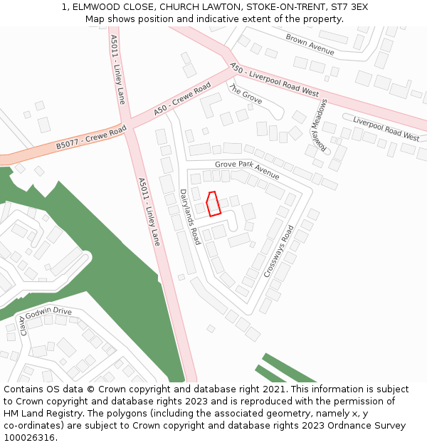 1, ELMWOOD CLOSE, CHURCH LAWTON, STOKE-ON-TRENT, ST7 3EX: Location map and indicative extent of plot