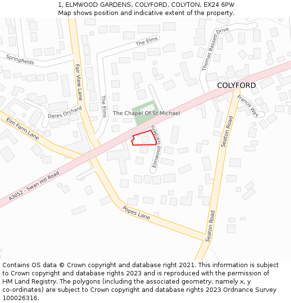 1, ELMWOOD GARDENS, COLYFORD, COLYTON, EX24 6PW: Location map and indicative extent of plot