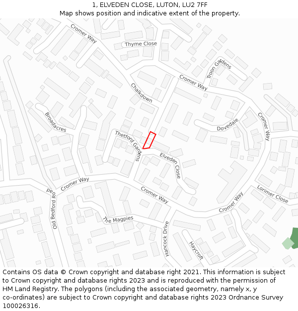 1, ELVEDEN CLOSE, LUTON, LU2 7FF: Location map and indicative extent of plot