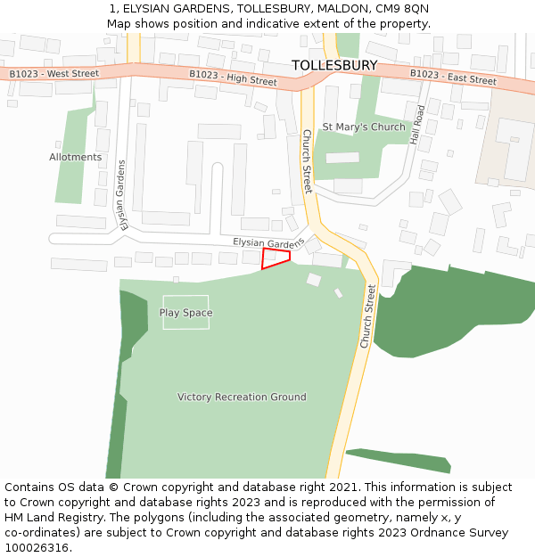 1, ELYSIAN GARDENS, TOLLESBURY, MALDON, CM9 8QN: Location map and indicative extent of plot