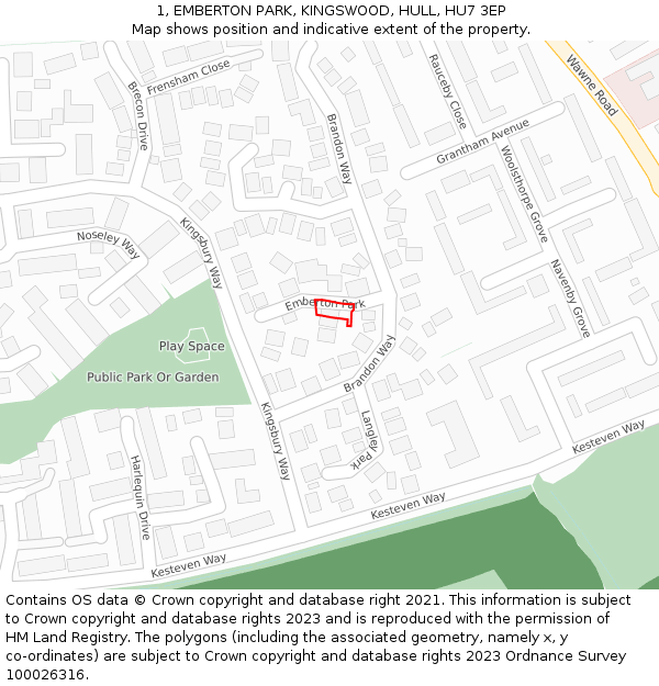 1, EMBERTON PARK, KINGSWOOD, HULL, HU7 3EP: Location map and indicative extent of plot