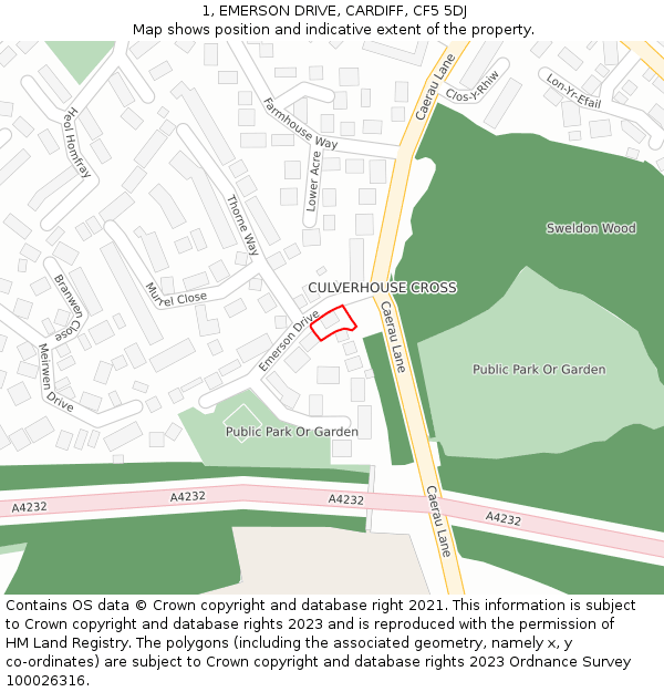 1, EMERSON DRIVE, CARDIFF, CF5 5DJ: Location map and indicative extent of plot