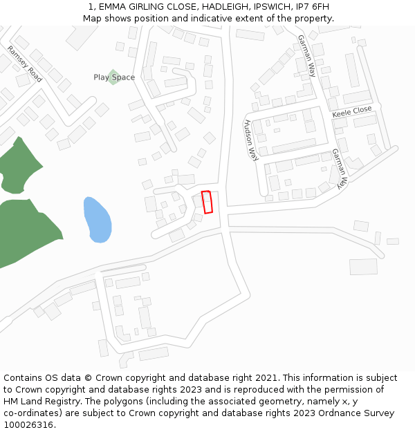 1, EMMA GIRLING CLOSE, HADLEIGH, IPSWICH, IP7 6FH: Location map and indicative extent of plot