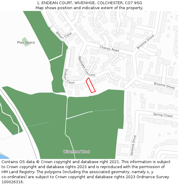 1, ENDEAN COURT, WIVENHOE, COLCHESTER, CO7 9SG: Location map and indicative extent of plot