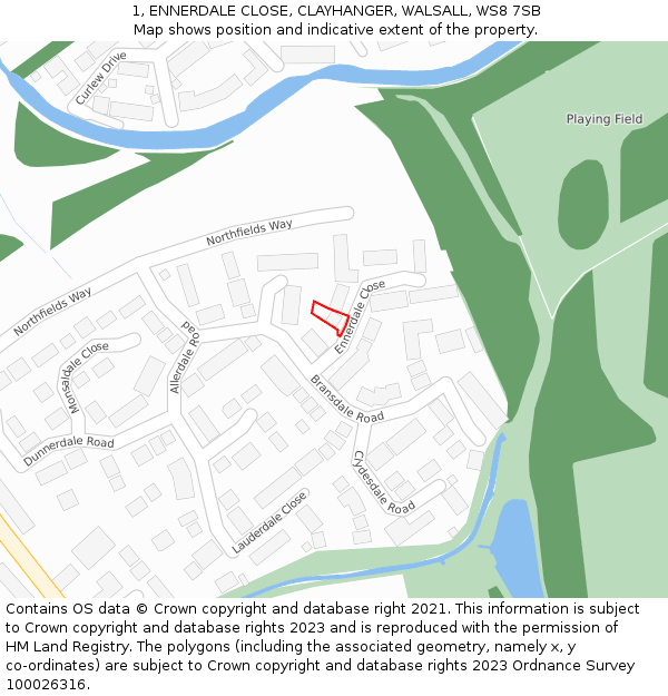 1, ENNERDALE CLOSE, CLAYHANGER, WALSALL, WS8 7SB: Location map and indicative extent of plot