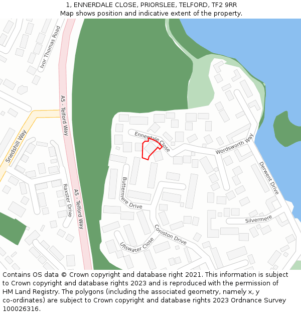 1, ENNERDALE CLOSE, PRIORSLEE, TELFORD, TF2 9RR: Location map and indicative extent of plot