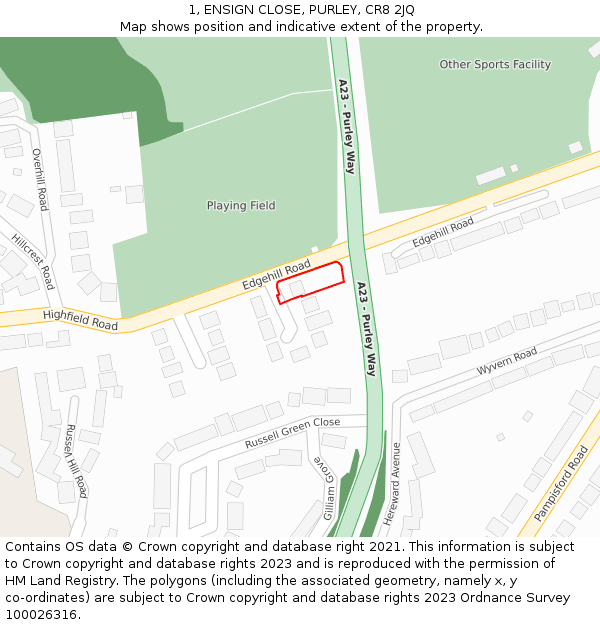 1, ENSIGN CLOSE, PURLEY, CR8 2JQ: Location map and indicative extent of plot