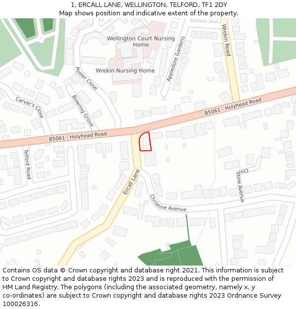 1, ERCALL LANE, WELLINGTON, TELFORD, TF1 2DY: Location map and indicative extent of plot