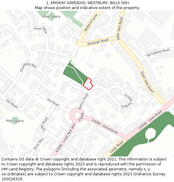 1, ERISKAY GARDENS, WESTBURY, BA13 3GH: Location map and indicative extent of plot