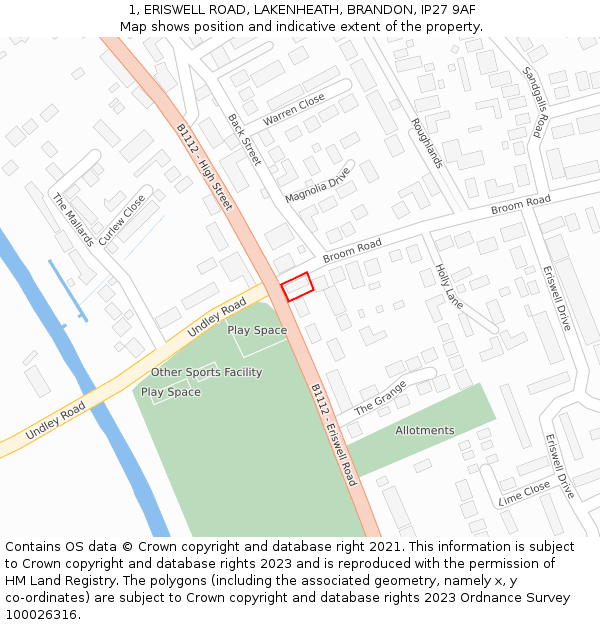 1, ERISWELL ROAD, LAKENHEATH, BRANDON, IP27 9AF: Location map and indicative extent of plot