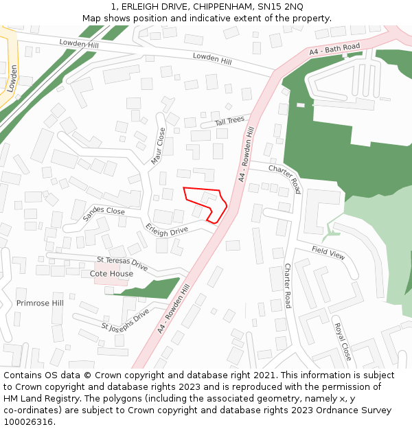 1, ERLEIGH DRIVE, CHIPPENHAM, SN15 2NQ: Location map and indicative extent of plot