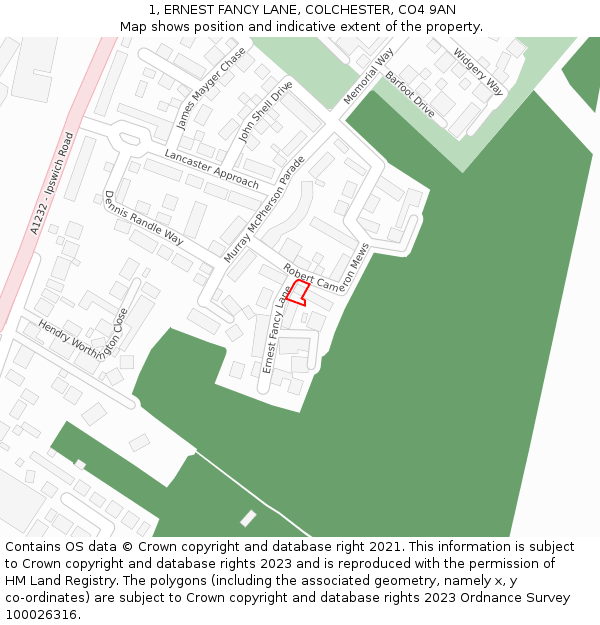 1, ERNEST FANCY LANE, COLCHESTER, CO4 9AN: Location map and indicative extent of plot