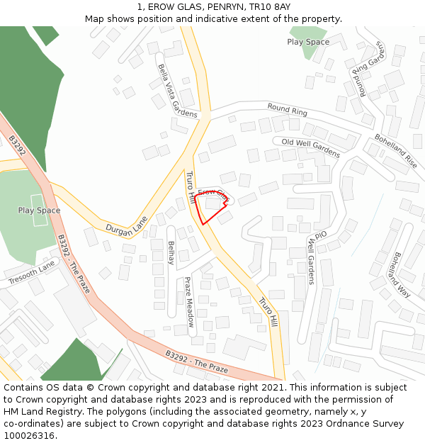 1, EROW GLAS, PENRYN, TR10 8AY: Location map and indicative extent of plot