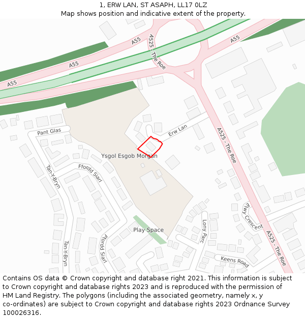 1, ERW LAN, ST ASAPH, LL17 0LZ: Location map and indicative extent of plot