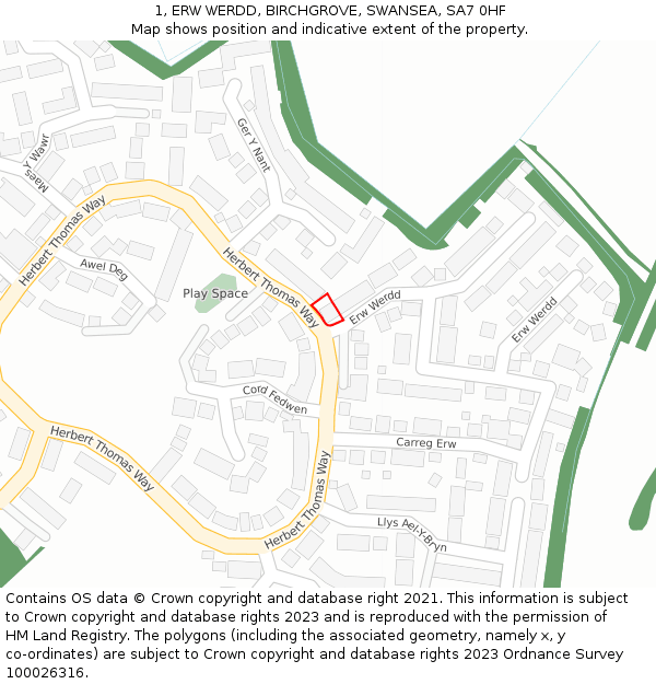1, ERW WERDD, BIRCHGROVE, SWANSEA, SA7 0HF: Location map and indicative extent of plot