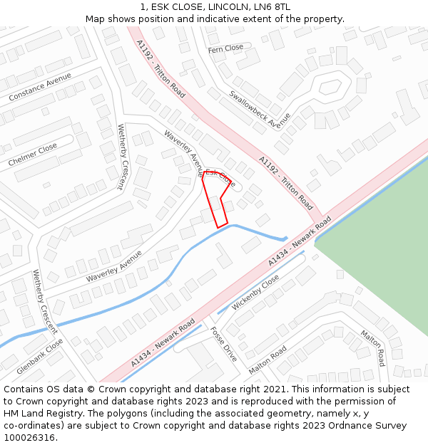 1, ESK CLOSE, LINCOLN, LN6 8TL: Location map and indicative extent of plot