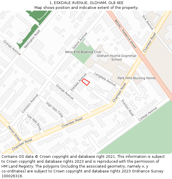 1, ESKDALE AVENUE, OLDHAM, OL8 4EE: Location map and indicative extent of plot