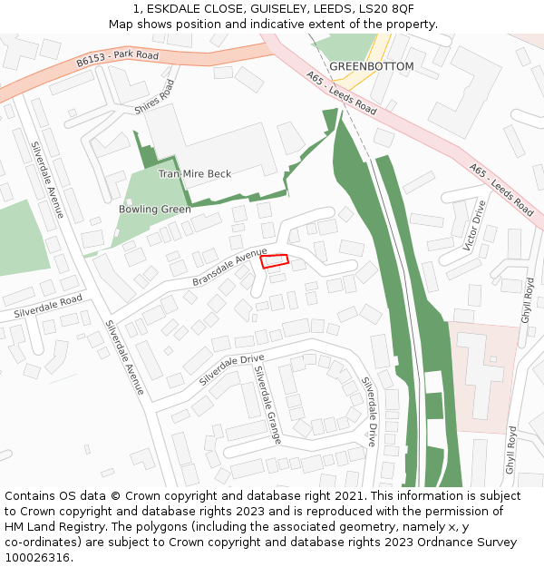 1, ESKDALE CLOSE, GUISELEY, LEEDS, LS20 8QF: Location map and indicative extent of plot