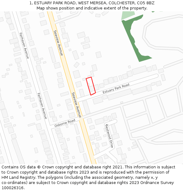 1, ESTUARY PARK ROAD, WEST MERSEA, COLCHESTER, CO5 8BZ: Location map and indicative extent of plot