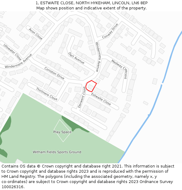 1, ESTWAITE CLOSE, NORTH HYKEHAM, LINCOLN, LN6 8EP: Location map and indicative extent of plot