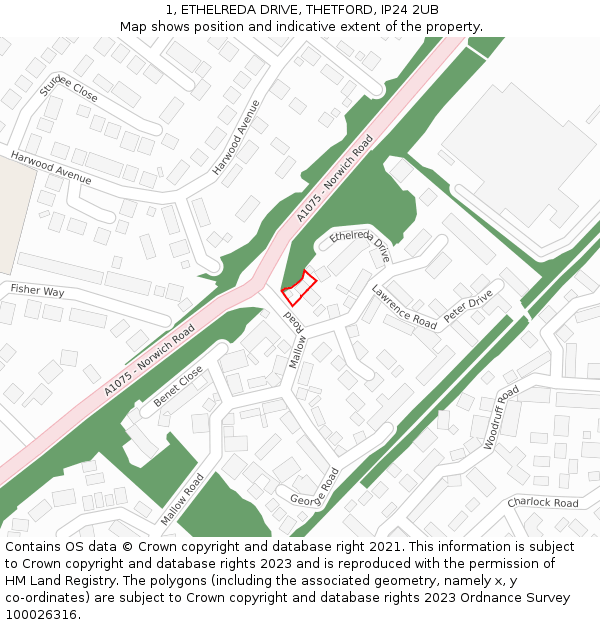 1, ETHELREDA DRIVE, THETFORD, IP24 2UB: Location map and indicative extent of plot