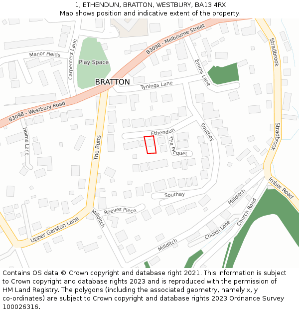 1, ETHENDUN, BRATTON, WESTBURY, BA13 4RX: Location map and indicative extent of plot