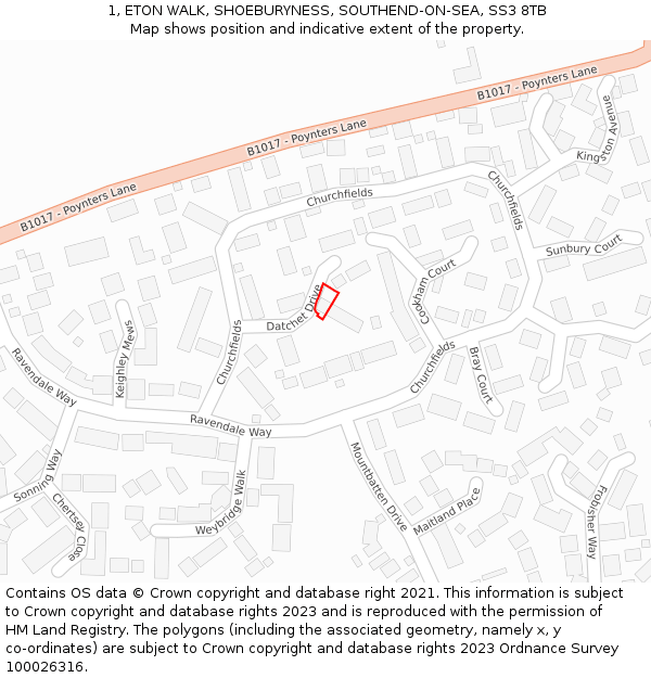 1, ETON WALK, SHOEBURYNESS, SOUTHEND-ON-SEA, SS3 8TB: Location map and indicative extent of plot