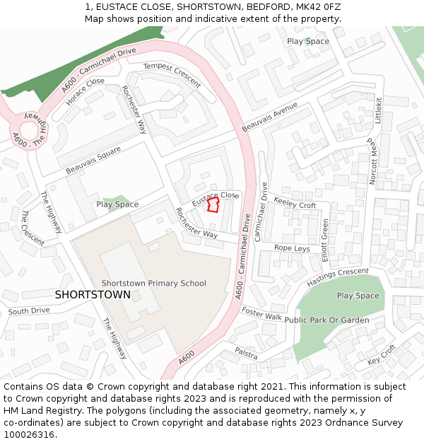 1, EUSTACE CLOSE, SHORTSTOWN, BEDFORD, MK42 0FZ: Location map and indicative extent of plot