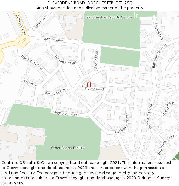 1, EVERDENE ROAD, DORCHESTER, DT1 2SQ: Location map and indicative extent of plot